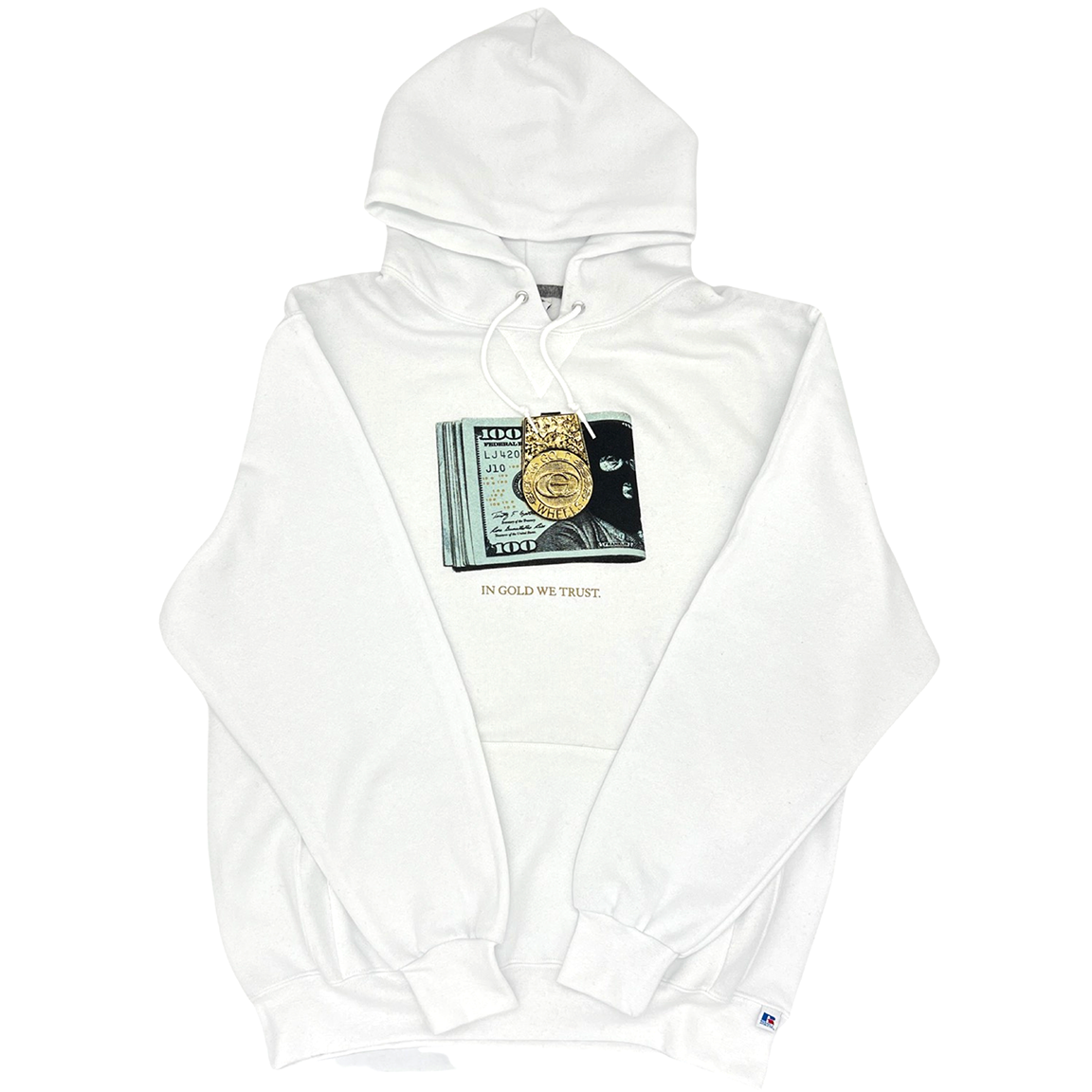 IN GOLD WE TRUST Mens Russel Athletic Hooded Sweatshirt - WHITE | Gold Wheels Co.