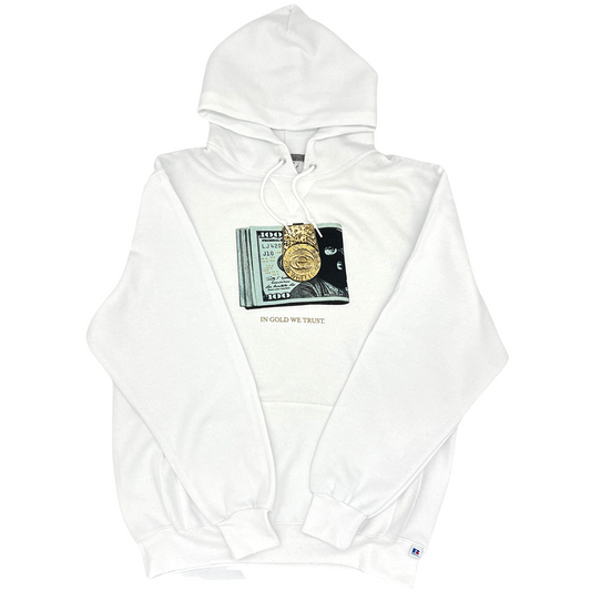 IN GOLD WE TRUST Mens Russel Athletic Hooded Sweatshirt - WHITE | Gold Wheels Co.